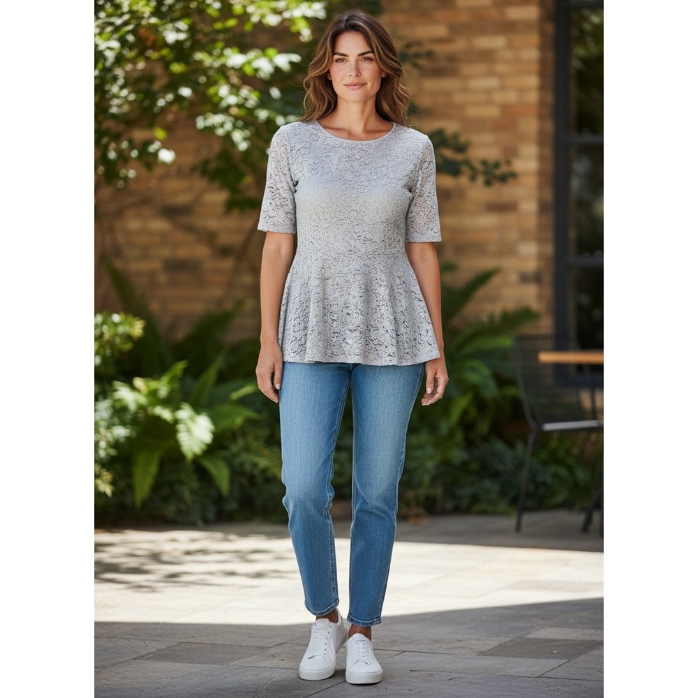 Free People Floral Lace Peplum Top Blue Grey Short‎ Sleeve Cottagecore Fairycore